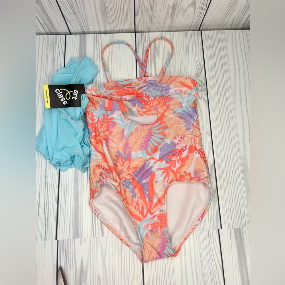 Girls' Tropic Oasis One Piece Swimwear Set with Skirt Fits like 6/7 NWT